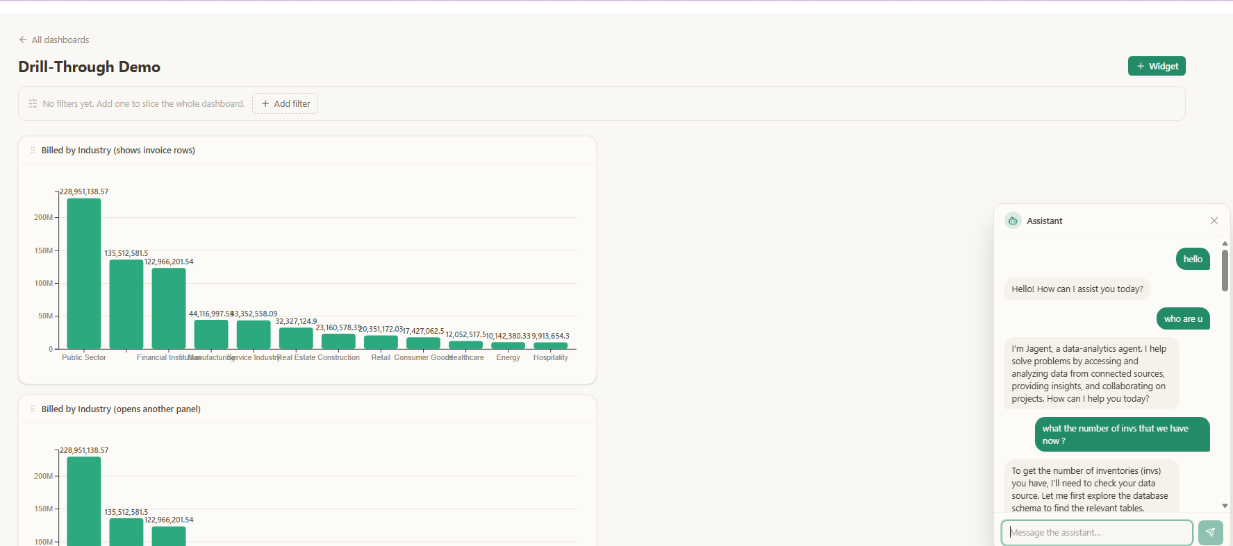 Embedded in a live analytics dashboard — ask questions while looking at the data