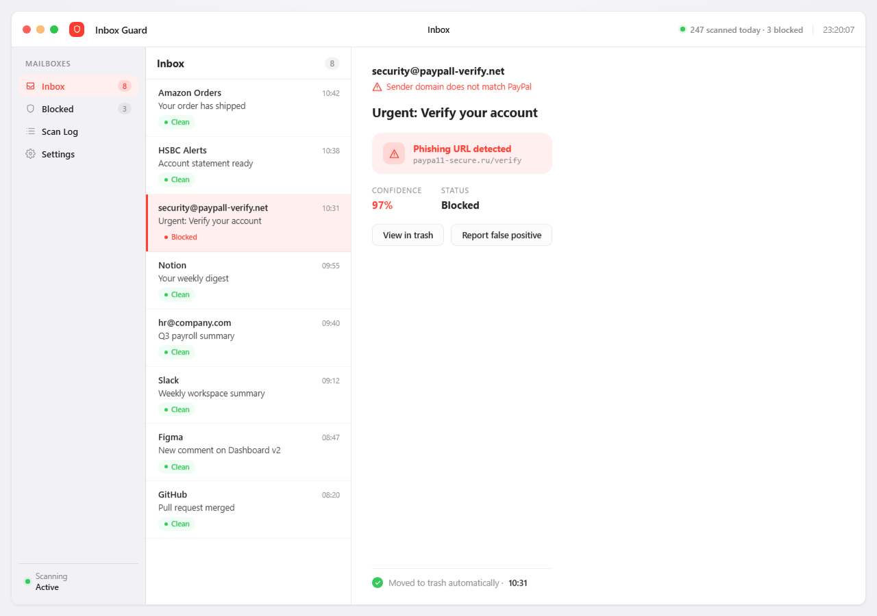 Inbox Guard — phishing emails detected, blocked, and logged before you see them