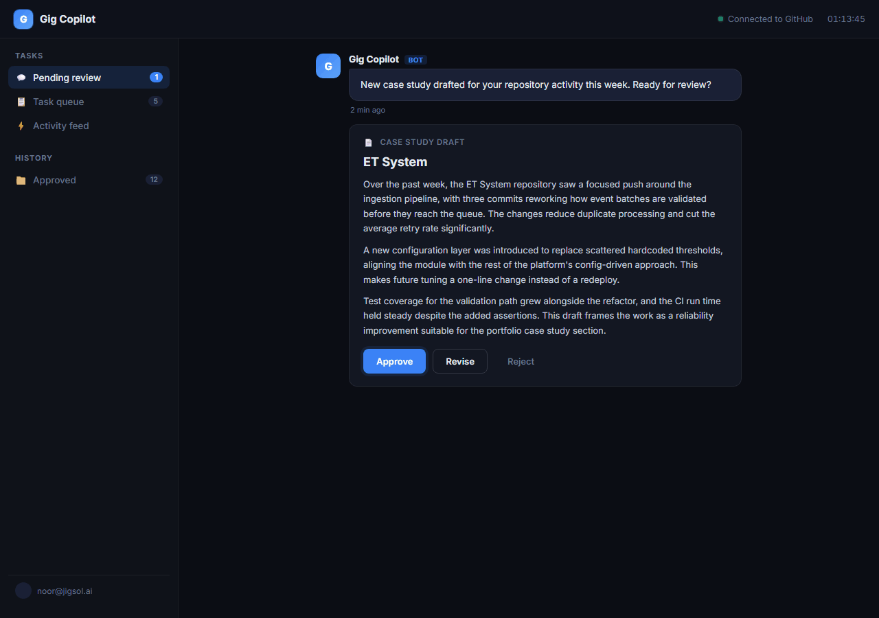 Gig Copilot — AI drafts, you approve on Telegram before anything lands