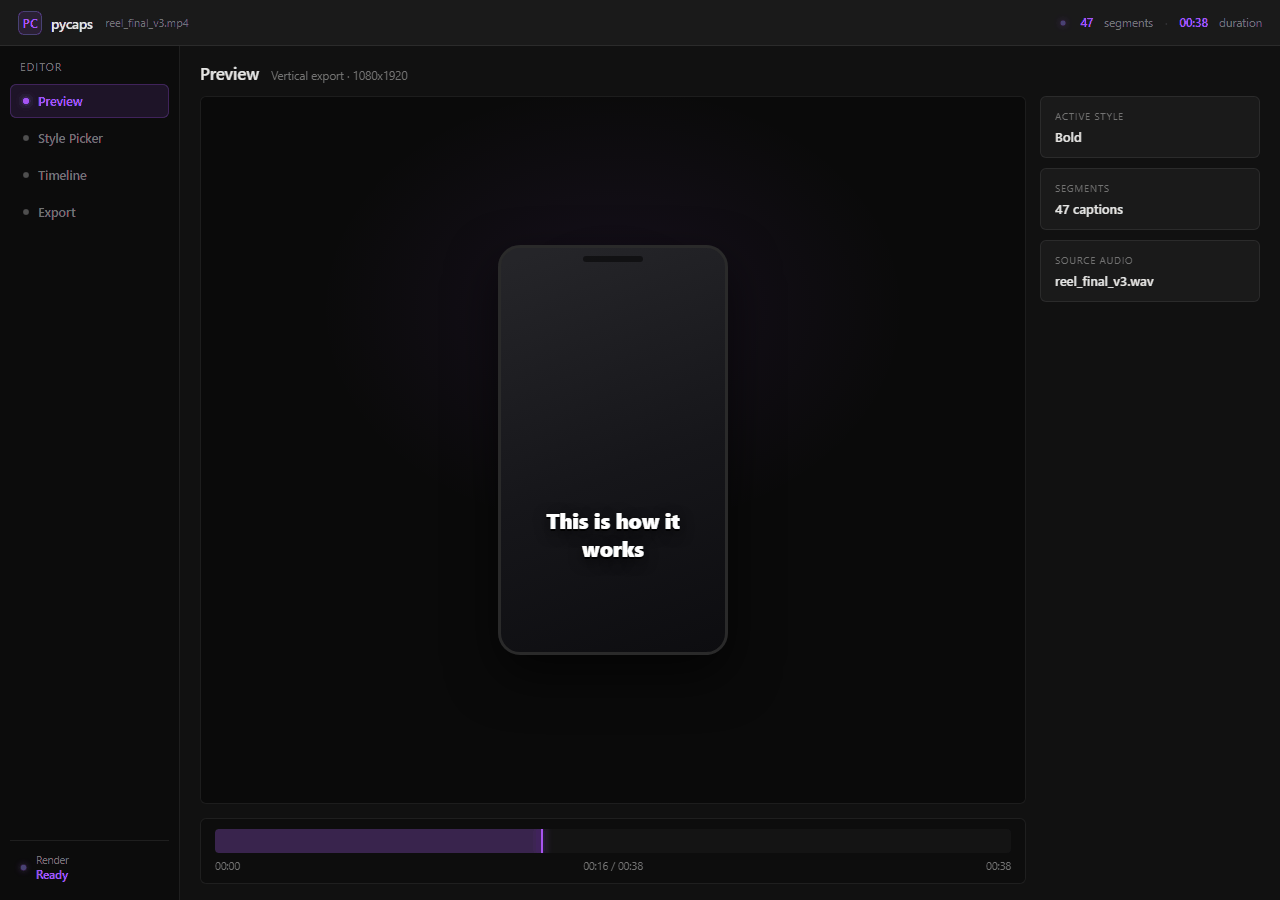 pycaps — style picker, timeline editor, and live caption preview