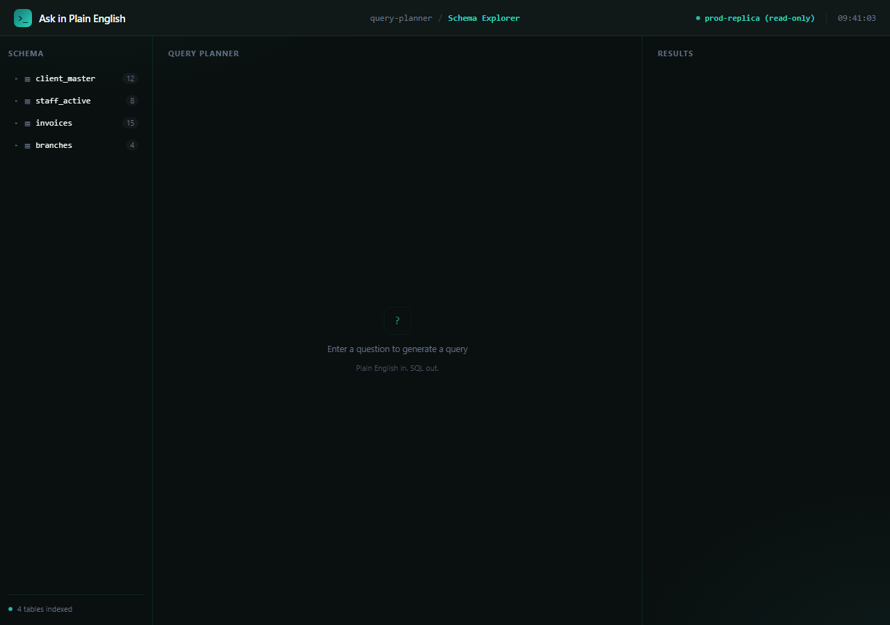 Schema explorer, query planner, SQL execution, and results — one tool