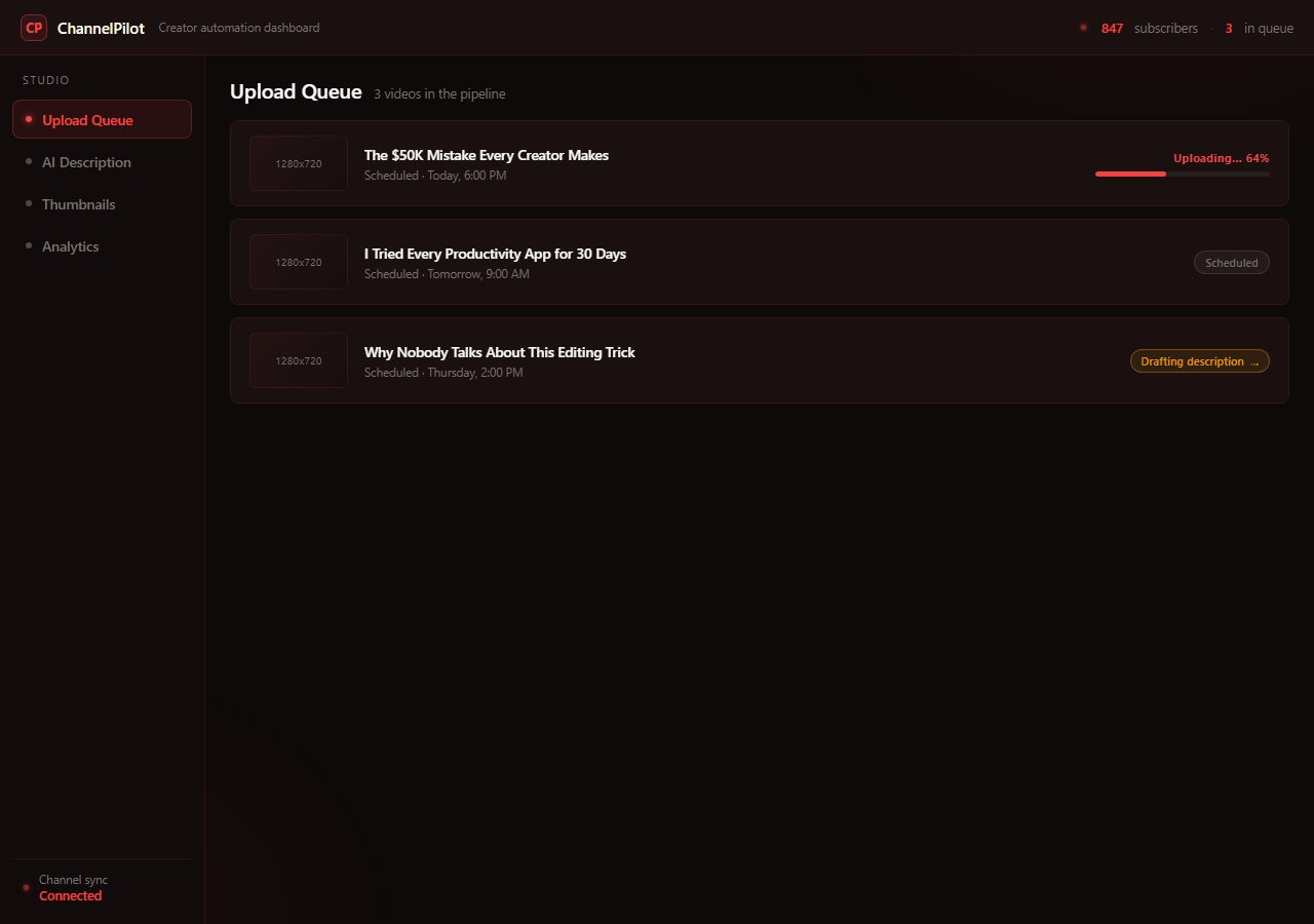 ChannelPilot — upload queue, AI descriptions, thumbnail generation, and analytics